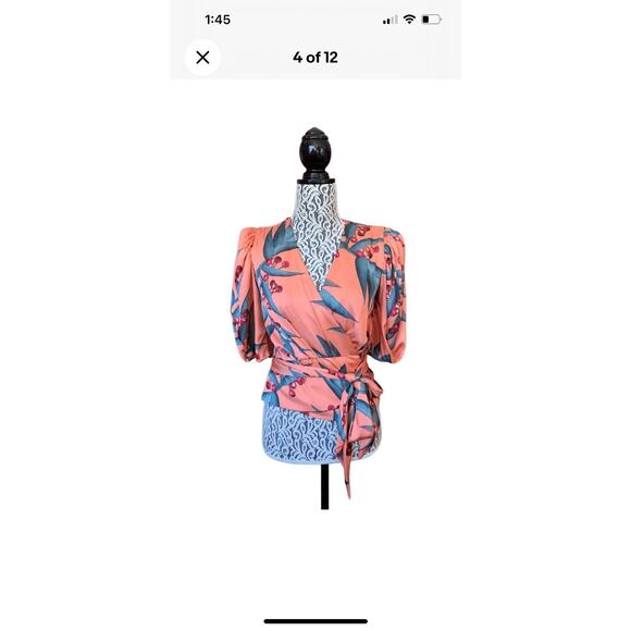 PatBo Heliconia Tropical Wrap Top Orange Size XS Puff Sleeve V-neck Resort L17 - Picture 6 of 10